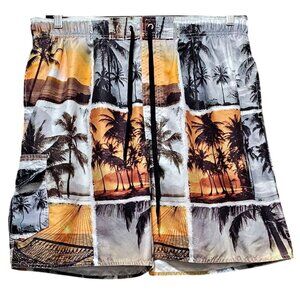 Newport Blue Mens Tropical Sunset Print Swim Trunks With Pockets Elastic Waist &